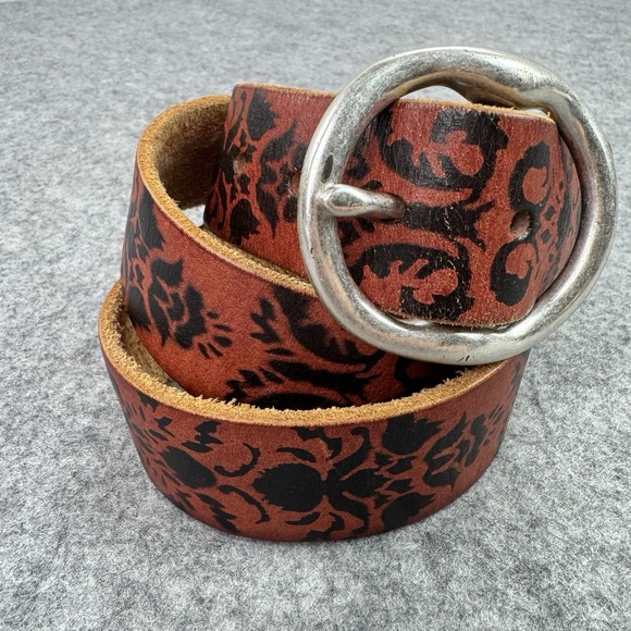VTG Lucky Brand Belt Womens 32 Leather Floral BURUR 318‎ Boho Silver Tone Brass